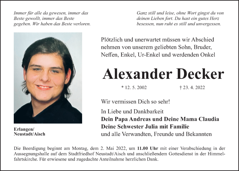  Traueranzeige für Alexander Decker vom 30.04.2022 aus Erlanger Nachrichten Lokal
