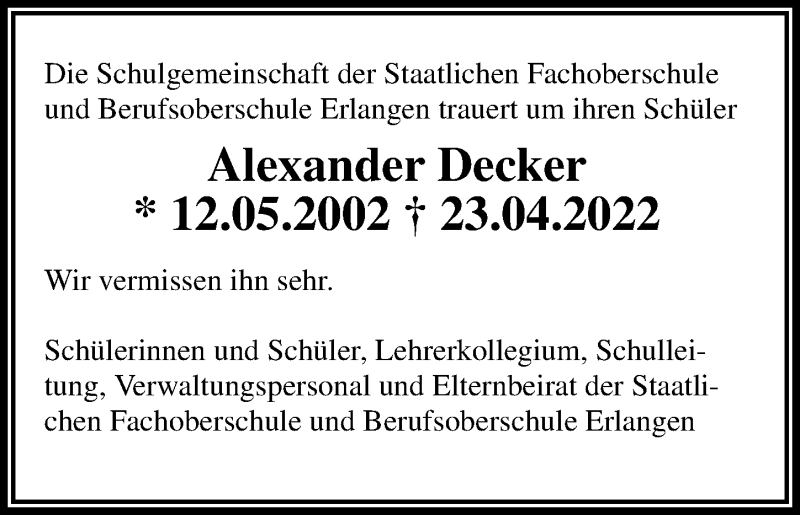  Traueranzeige für Alexander Decker vom 30.04.2022 aus Erlanger Nachrichten Lokal