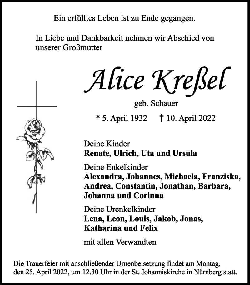  Traueranzeige für Alice Kreßel vom 23.04.2022 aus Gesamtausgabe Nürnberger Nachrichten/ Nürnberger Ztg.