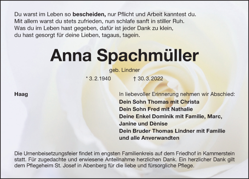  Traueranzeige für Anna Spachmüller vom 16.04.2022 aus Schwabacher Tagblatt Lokal