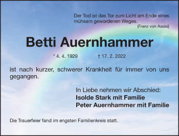 Traueranzeige von Betti Auernhammer von Fürther Nachrichten Lokal