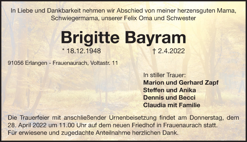  Traueranzeige für Brigitte Bayram vom 23.04.2022 aus Erlanger Nachrichten Lokal