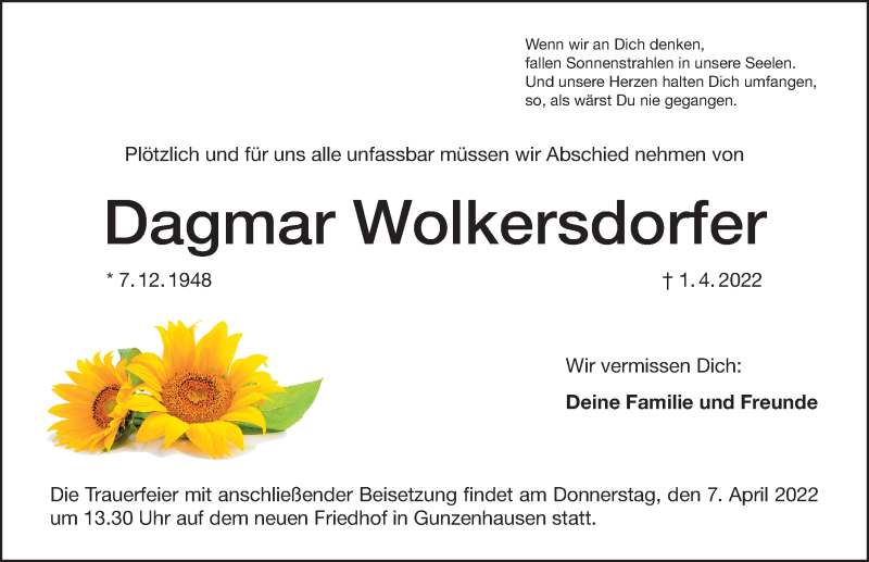  Traueranzeige für Dagmar Wolkersdorfer vom 05.04.2022 aus Altmühl-Bote Lokal