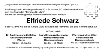 Traueranzeige von Elfriede Schwarz von Schwabacher Tagblatt Lokal