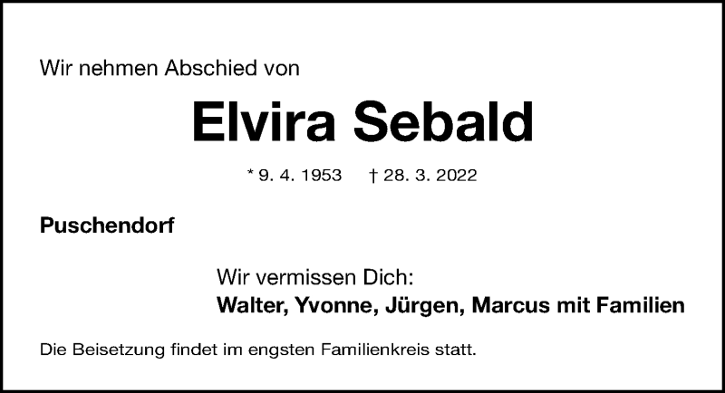  Traueranzeige für Elvira Sebald vom 06.04.2022 aus Fürther Nachrichten Lokal