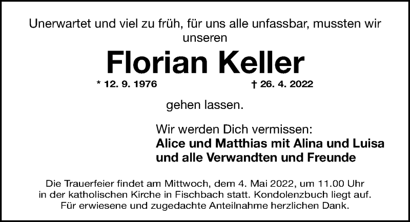  Traueranzeige für Florian Keller vom 30.04.2022 aus Gesamtausgabe Nürnberger Nachrichten/ Nürnberger Ztg.