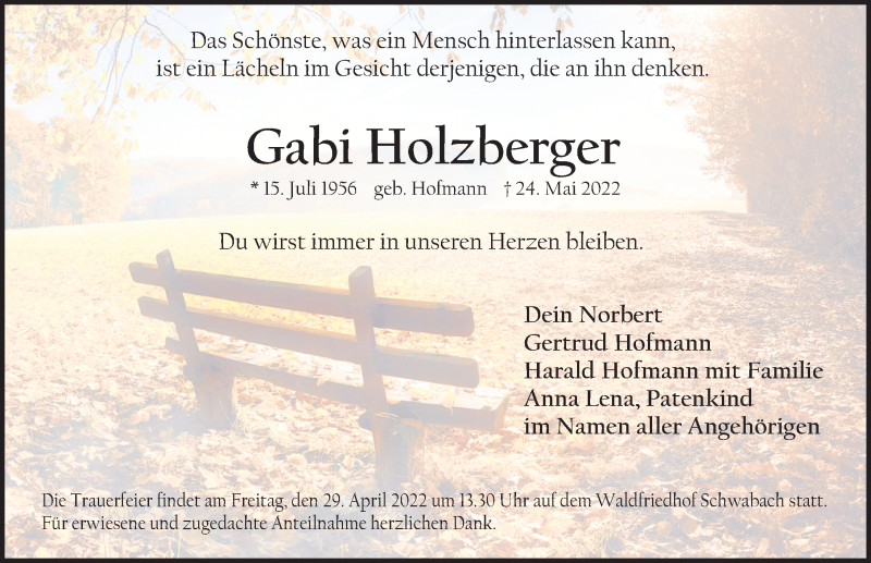  Traueranzeige für Gabi Holzberger vom 28.04.2022 aus Schwabacher Tagblatt Lokal