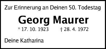 Traueranzeige von Georg Maurer von Gesamtausgabe Nürnberger Nachrichten/ Nürnberger Ztg.