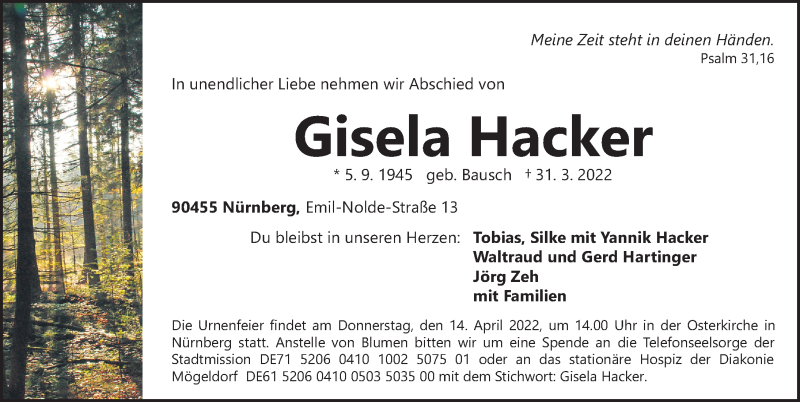  Traueranzeige für Gisela Hacker vom 09.04.2022 aus Gesamtausgabe Nürnberger Nachrichten/ Nürnberger Ztg.