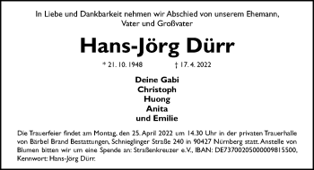 Traueranzeige von Hans-Jörg Dürr von Gesamtausgabe Nürnberger Nachrichten/ Nürnberger Ztg.