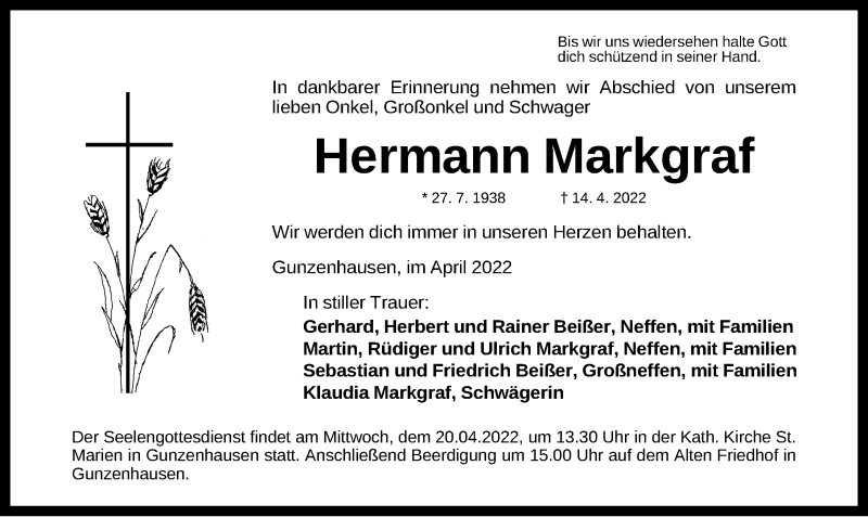  Traueranzeige für Hermann Markgraf vom 19.04.2022 aus Altmühl-Bote Lokal