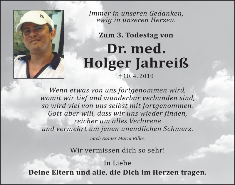  Traueranzeige für Holger Jahreiß vom 09.04.2022 aus HST,G