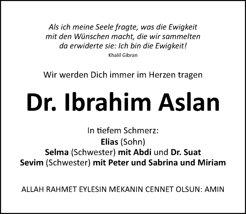  Traueranzeige für Ibrahim Aslan vom 16.04.2022 aus Gesamtausgabe Nürnberger Nachrichten/ Nürnberger Ztg.