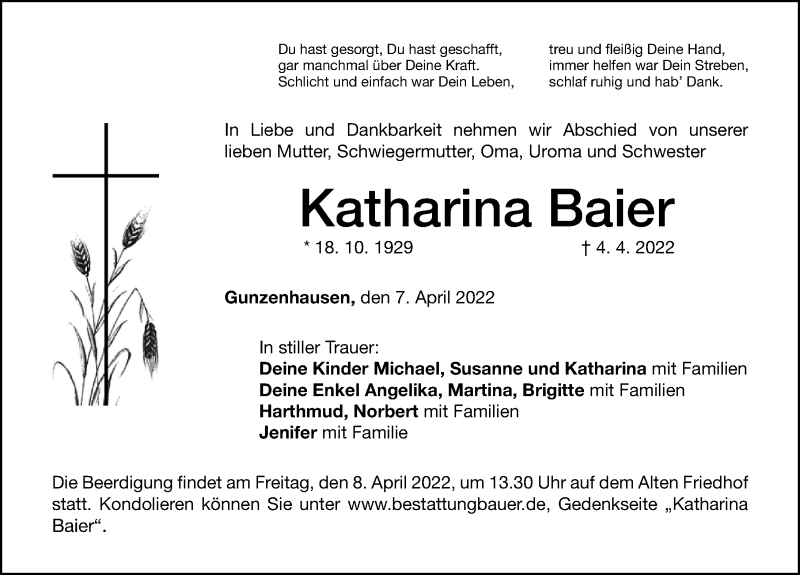 Traueranzeige für Katharina Baier vom 07.04.2022 aus Altmühl-Bote Lokal