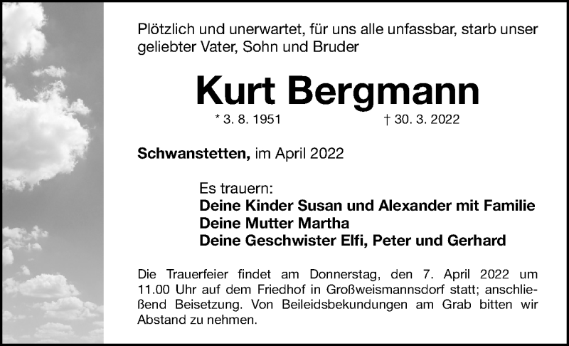  Traueranzeige für Kurt Bergmann vom 05.04.2022 aus Gesamtausgabe Nürnberger Nachrichten/ Nürnberger Ztg.