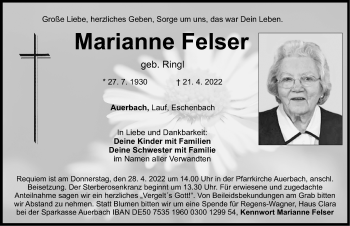 Traueranzeige von Marianne Felser von Nordbayerische Nachrichten Pegnitz Lokal