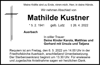 Traueranzeige von Mathilde Kustner von Nordbayerische Nachrichten Pegnitz Lokal