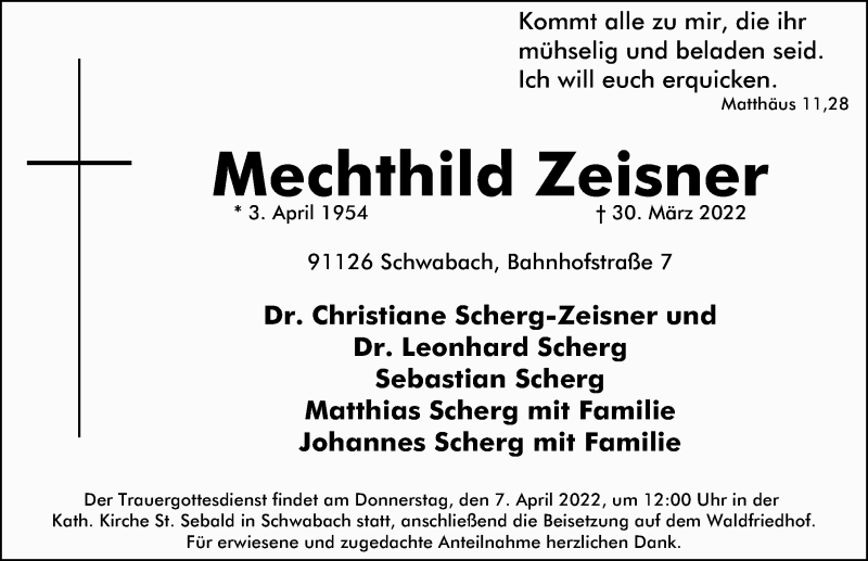  Traueranzeige für Mechthild Zeisner vom 05.04.2022 aus Schwabacher Tagblatt Lokal