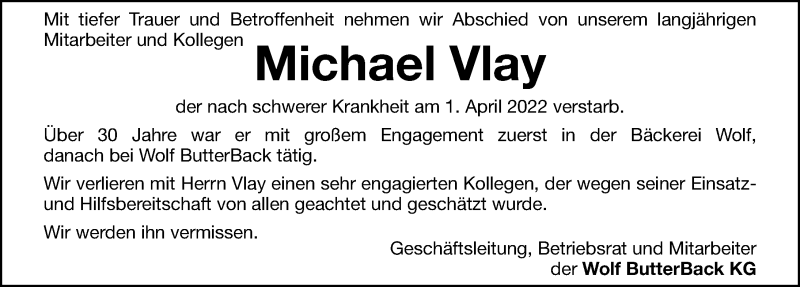  Traueranzeige für Michael Vlay vom 09.04.2022 aus Gesamtausgabe Nürnberger Nachrichten/ Nürnberger Ztg.