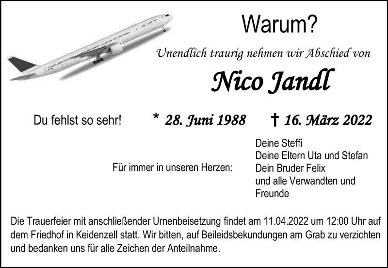  Traueranzeige für Nico Jandl vom 08.04.2022 aus Fürther Nachrichten Lokal