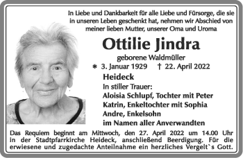 Traueranzeige von Ottilie Jindra von Roth-Hilpoltsteiner Volkszeitung Lokal