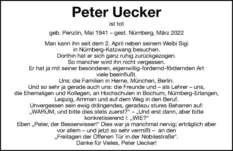  Traueranzeige für Peter Uecker vom 09.04.2022 aus Gesamtausgabe Nürnberger Nachrichten/ Nürnberger Ztg.