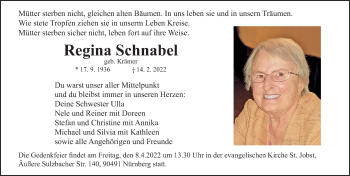Traueranzeige von Regina Schnabel von Gesamtausgabe Nürnberger Nachrichten/ Nürnberger Ztg.