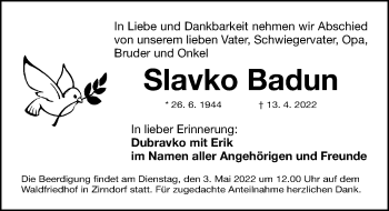 Traueranzeige von Slavko Badun von Fürther Nachrichten Lokal