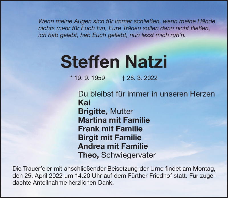  Traueranzeige für Steffen Natzi vom 20.04.2022 aus Gesamtausgabe Nürnberger Nachrichten/ Nürnberger Ztg.