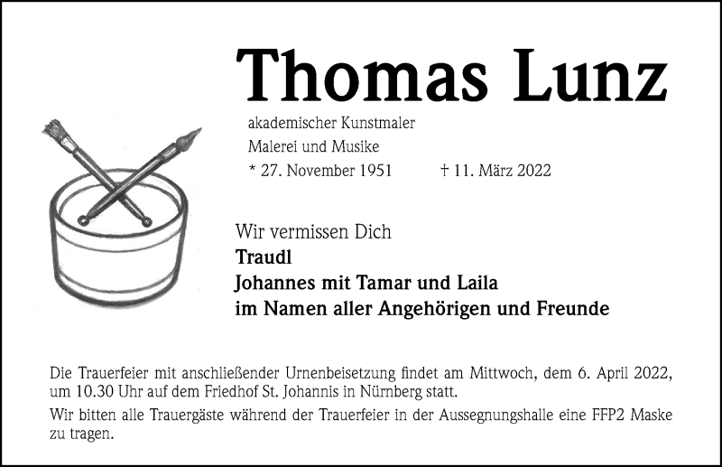  Traueranzeige für Thomas Lunz vom 02.04.2022 aus Gesamtausgabe Nürnberger Nachrichten/ Nürnberger Ztg.