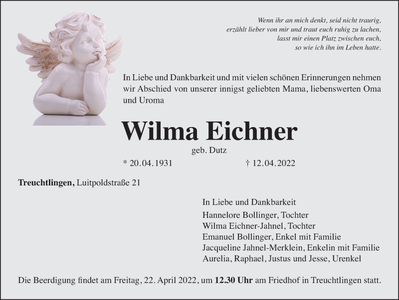  Traueranzeige für Wilma Eichner vom 20.04.2022 aus Weißenburger Tagblatt u.Treuchtlinger Kurier Lokal