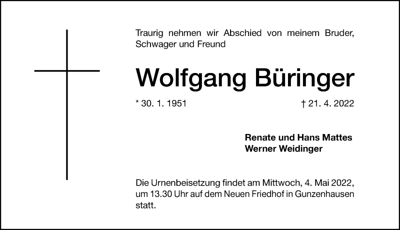  Traueranzeige für Wolfgang Büringer vom 30.04.2022 aus Altmühl-Bote Lokal