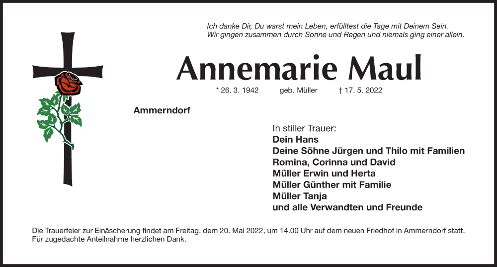  Traueranzeige für Annemarie Maul vom 19.05.2022 aus Fürther Nachrichten Lokal