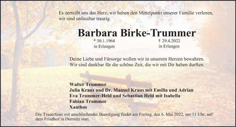  Traueranzeige für Barbara Birke-Trummer vom 03.05.2022 aus Erlanger Nachrichten Lokal