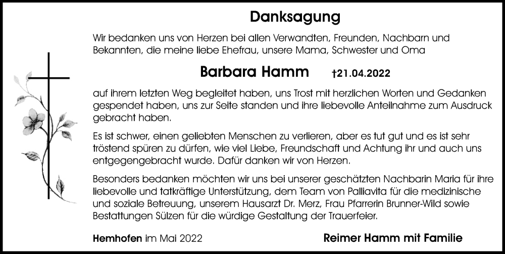  Traueranzeige für Barbara Hamm vom 14.05.2022 aus Nordbayerische Nachrichten Herzogenaurach Lokal