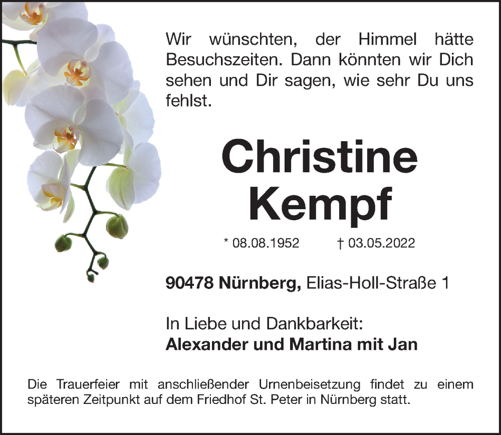  Traueranzeige für Christine Kempf vom 07.05.2022 aus Gesamtausgabe Nürnberger Nachrichten/ Nürnberger Ztg.