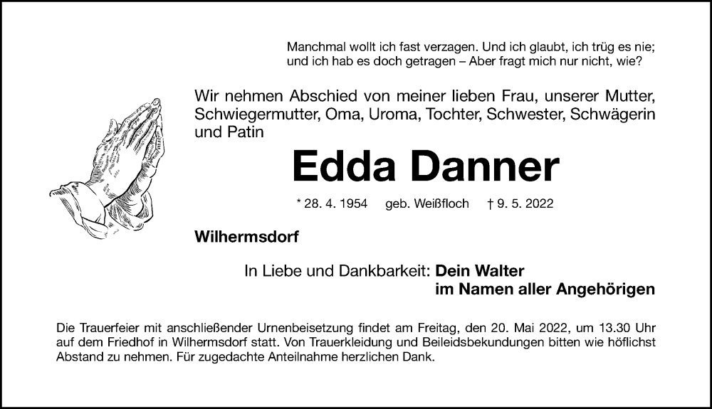  Traueranzeige für Edda Danner vom 13.05.2022 aus Fürther Nachrichten Lokal