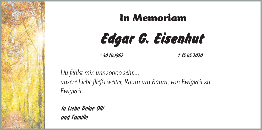  Traueranzeige für Edgar Eisenhut vom 14.05.2022 aus Gesamtausgabe Nürnberger Nachrichten/ Nürnberger Ztg.