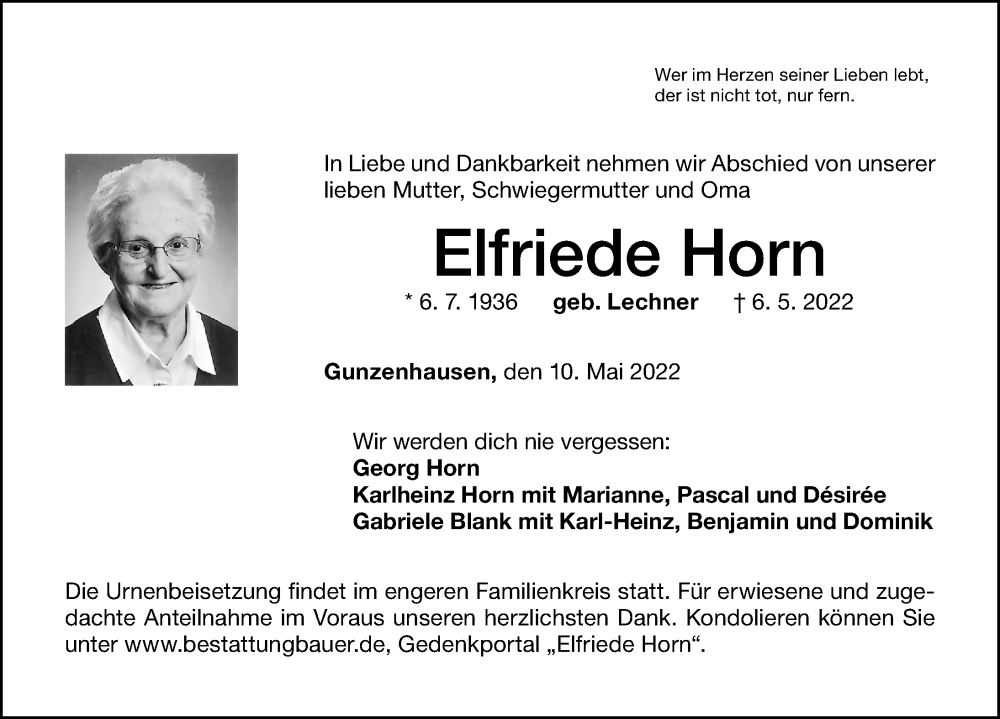  Traueranzeige für Elfriede Horn vom 10.05.2022 aus Altmühl-Bote Lokal