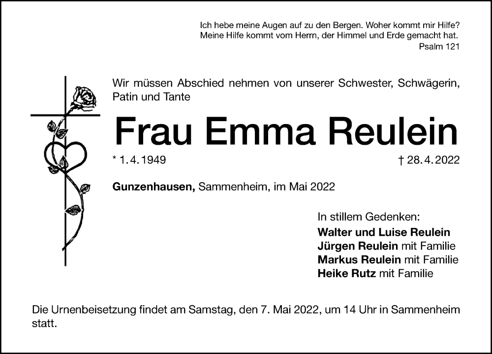  Traueranzeige für Emma Reulein vom 05.05.2022 aus Altmühl-Bote Lokal