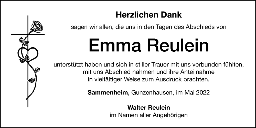  Traueranzeige für Emma Reulein vom 21.05.2022 aus Altmühl-Bote Lokal