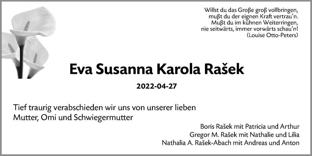  Traueranzeige für Eva Susanna Karola Rašek vom 21.05.2022 aus Gesamtausgabe Nürnberger Nachrichten/ Nürnberger Ztg.
