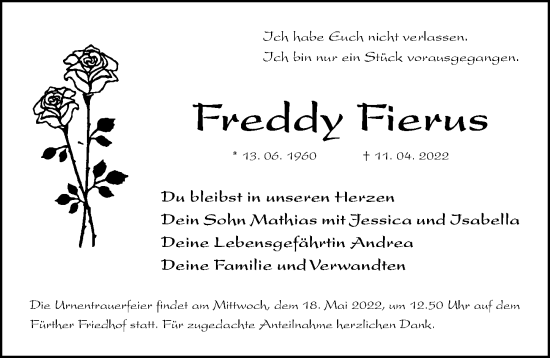 Traueranzeige von Freddy Fierus von Fürther Nachrichten Lokal