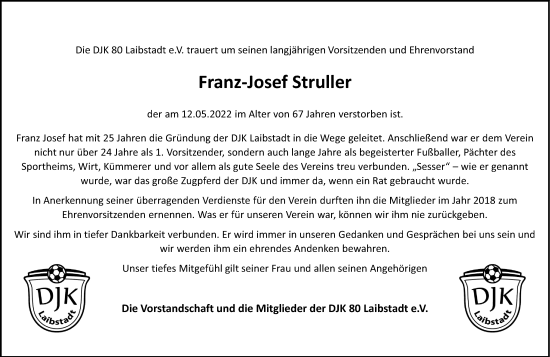 Traueranzeige von Franz Josef Struller von Roth-Hilpoltsteiner Volkszeitung Lokal