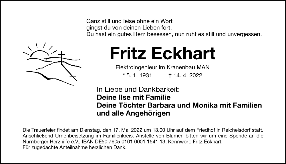  Traueranzeige für Fritz Eckhart vom 17.05.2022 aus Gesamtausgabe Nürnberger Nachrichten/ Nürnberger Ztg.
