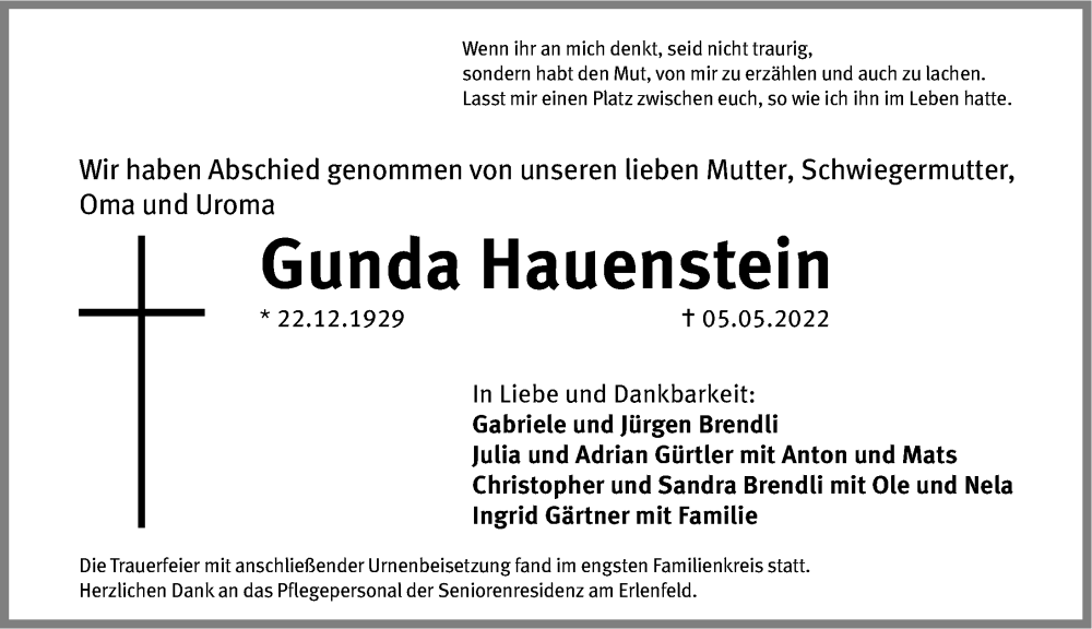  Traueranzeige für Gunda Hauenstein vom 19.05.2022 aus Erlanger Nachrichten Lokal