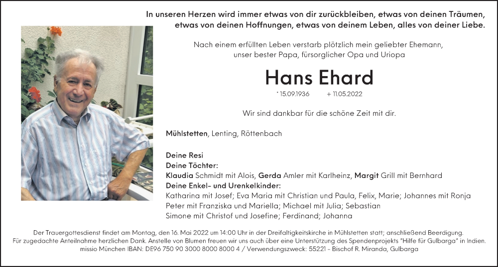  Traueranzeige für Hans Ehard vom 14.05.2022 aus Roth-Hilpoltsteiner Volkszeitung Lokal