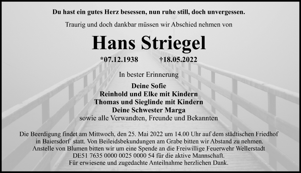  Traueranzeige für Hans Striegel vom 21.05.2022 aus Erlanger Nachrichten Lokal