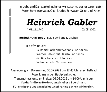 Traueranzeige von Heinrich Gabler von Roth-Hilpoltsteiner Volkszeitung Lokal