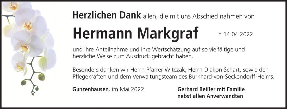  Traueranzeige für Hermann Markgraf vom 05.05.2022 aus Altmühl-Bote Lokal